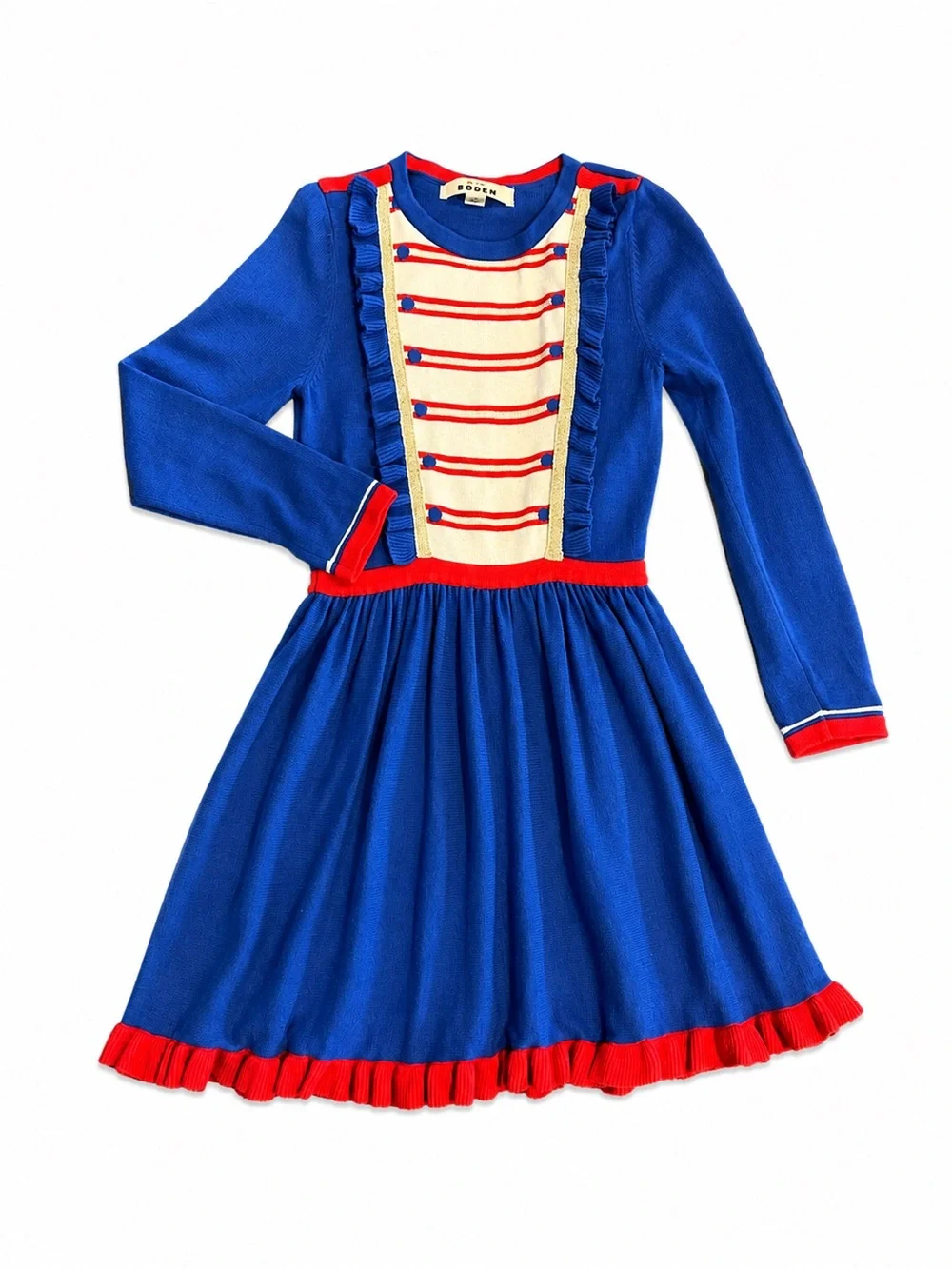 Mini Boden Girls 7-8y Nutcracker Knit Dress Blue Red Gold Holiday
